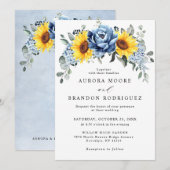 Sunflower Dusty Blue Slate Peony Floral Wedding Kaart (Voorkant / Achterkant)