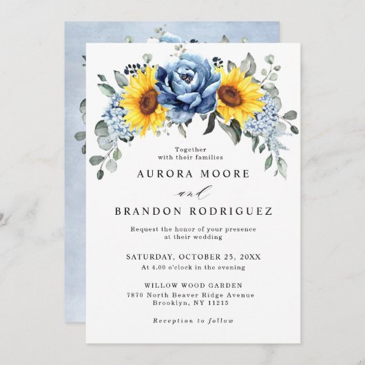 Sunflower Dusty Blue Slate Peony Floral Wedding Kaart (Voorkant / Achterkant)