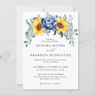 Sunflower Dusty Blue Slate Peony Floral Wedding Kaart