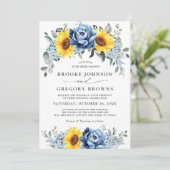 Sunflower Dusty Blue Slate Peony Floral Wedding Kaart (Staand voorkant)