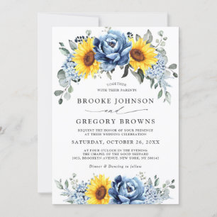 Sunflower Dusty Blue Slate Peony Floral Wedding Kaart