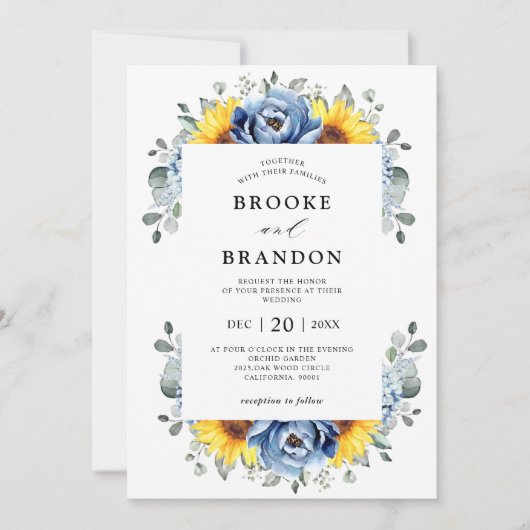 Sunflower Dusty Blue Slate Peony Floral Wedding Kaart (Voorkant)