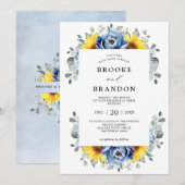 Sunflower Dusty Blue Slate Peony Floral Wedding Kaart (Voorkant / Achterkant)