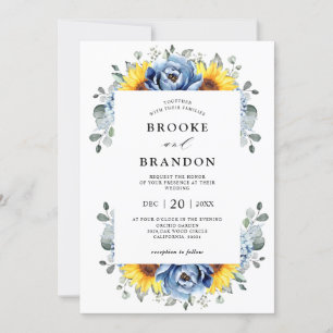 Sunflower Dusty Blue Slate Peony Floral Wedding Kaart