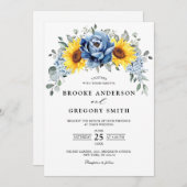 Sunflower Dusty Blue Slate Peony Floral Wedding Kaart (Voorkant / Achterkant)