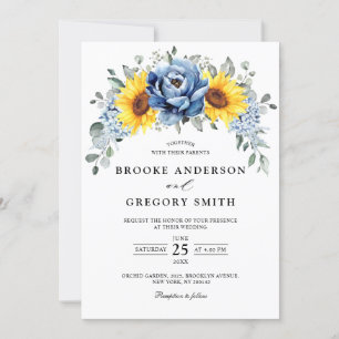 Sunflower Dusty Blue Slate Peony Floral Wedding Kaart