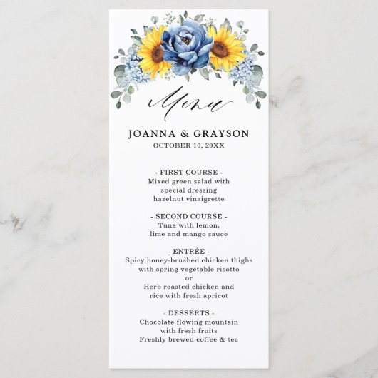 Sunflower Dusty Blue Slate Peony Floral Wedding Menu (Voorkant)