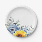 Sunflower Dusty Blue Slate Peony Floral Wedding Papieren Bordje (Voorkant)
