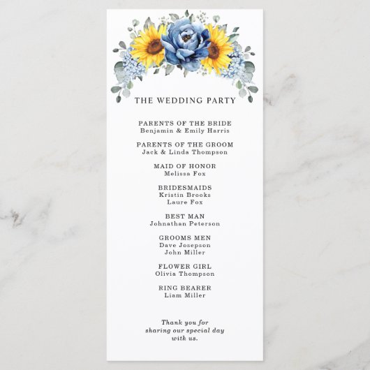 Sunflower Dusty Blue Slate Peony Floral Wedding Programmakaart (Achterkant)