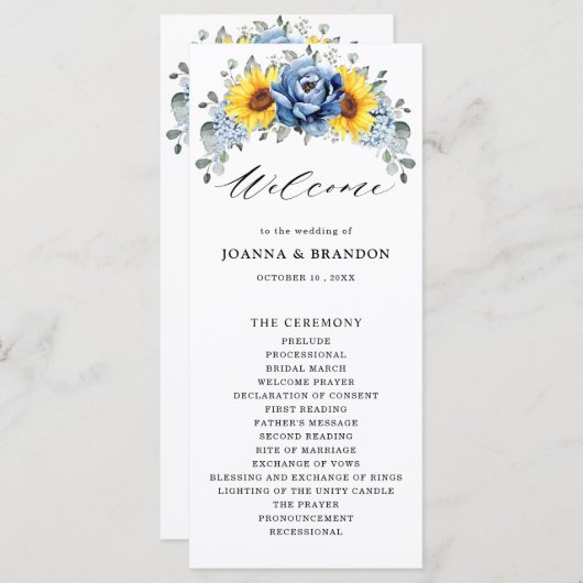 Sunflower Dusty Blue Slate Peony Floral Wedding Programmakaart (Voorkant / Achterkant)