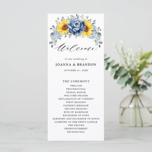 Sunflower Dusty Blue Slate Peony Floral Wedding Programmakaart (Staand voorkant)