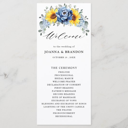 Sunflower Dusty Blue Slate Peony Floral Wedding Programmakaart (Voorkant)