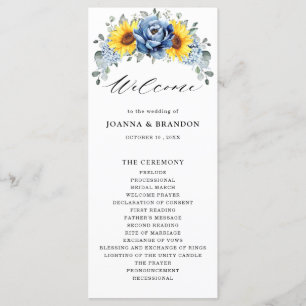 Sunflower Dusty Blue Slate Peony Floral Wedding Programmakaart