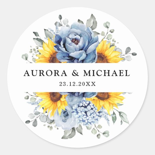 Sunflower Dusty Blue Slate Peony Floral Wedding Ronde Sticker (Voorkant)
