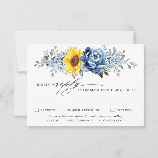 Sunflower Dusty Blue Slate Peony Floral Wedding RSVP Kaartje (Voorkant)