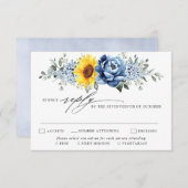 Sunflower Dusty Blue Slate Peony Floral Wedding RSVP Kaartje (Voorkant / Achterkant)