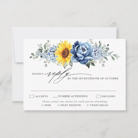 Sunflower Dusty Blue Slate Peony Floral Wedding RSVP Kaartje (Voorkant)