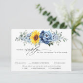 Sunflower Dusty Blue Slate Peony Floral Wedding RSVP Kaartje (Staand voorkant)