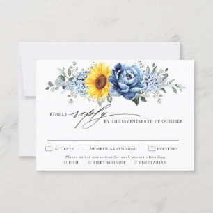 Sunflower Dusty Blue Slate Peony Floral Wedding RSVP Kaartje