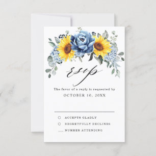 Sunflower Dusty Blue Slate Peony Floral Wedding RSVP Kaartje