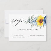 Sunflower Dusty Blue Slate Peony Floral Wedding RSVP Kaartje (Voorkant)