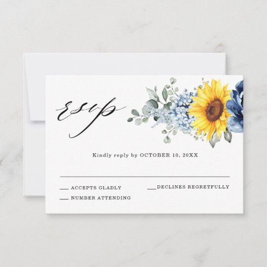 Sunflower Dusty Blue Slate Peony Floral Wedding RSVP Kaartje (Voorkant)