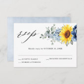 Sunflower Dusty Blue Slate Peony Floral Wedding RSVP Kaartje (Voorkant / Achterkant)