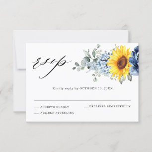Sunflower Dusty Blue Slate Peony Floral Wedding RSVP Kaartje