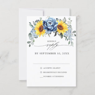 Sunflower Dusty Blue Slate Peony Floral Wedding RSVP Kaartje