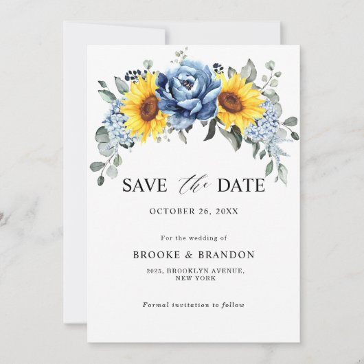 Sunflower Dusty Blue Slate Peony Floral Wedding Save The Date (Voorkant)