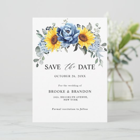 Sunflower Dusty Blue Slate Peony Floral Wedding Save The Date (Staand voorkant)