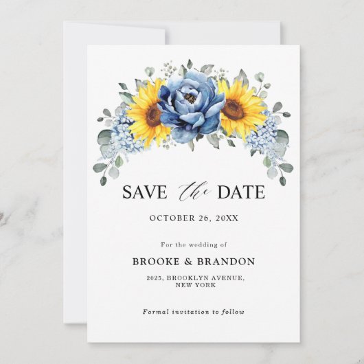 Sunflower Dusty Blue Slate Peony Floral Wedding Save The Date (Voorkant)