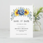 Sunflower Dusty Blue Slate Peony Floral Wedding Save The Date (Staand voorkant)