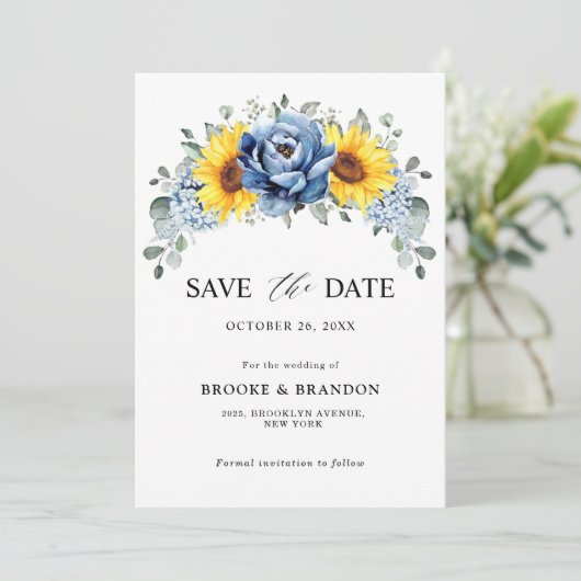 Sunflower Dusty Blue Slate Peony Floral Wedding Save The Date (Staand voorkant)