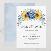 Sunflower Dusty Blue Slate Peony Floral Wedding Save The Date (Voorkant / Achterkant)