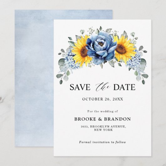 Sunflower Dusty Blue Slate Peony Floral Wedding Save The Date (Voorkant / Achterkant)