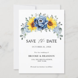 Sunflower Dusty Blue Slate Peony Floral Wedding Save The Date