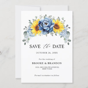 Sunflower Dusty Blue Slate Peony Floral Wedding Save The Date