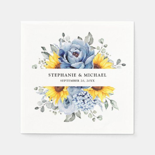 Sunflower Dusty Blue Slate Peony Floral Wedding Servet (Voorkant)