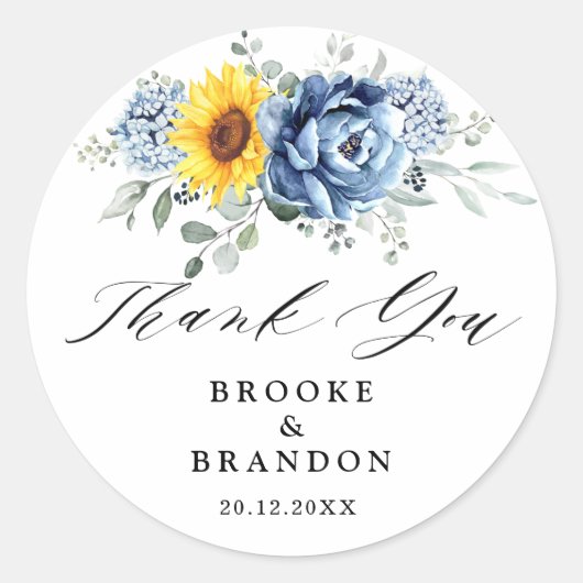 Sunflower Dusty Blue Slate Peony Hartelijk dank Ronde Sticker (Voorkant)
