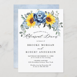 Sunflower Dusty Blue Slate Peony Rehearsal Dinner Kaart