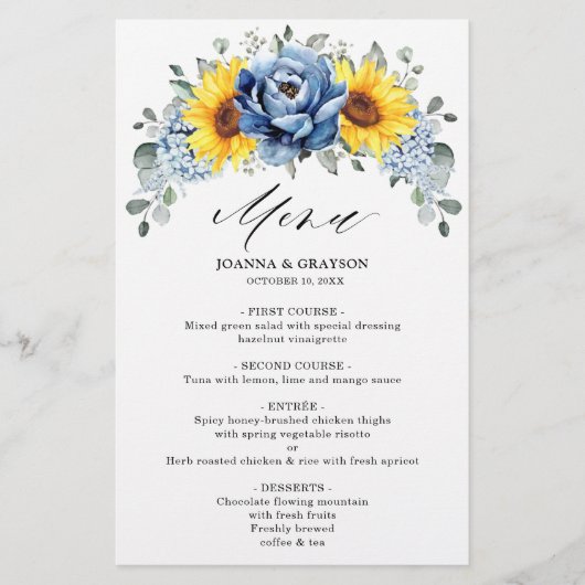Sunflower Dusty Blue Slate Peony Wedding Menu (Voorkant)