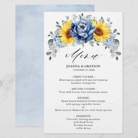 Sunflower Dusty Blue Slate Peony Wedding Menu (Voorkant / Achterkant)
