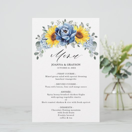 Sunflower Dusty Blue Slate Peony Wedding Menu (Staand voorkant)