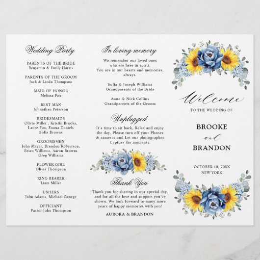 Sunflower Dusty Blue Slate Peony Wedding Programme (Voorkant)