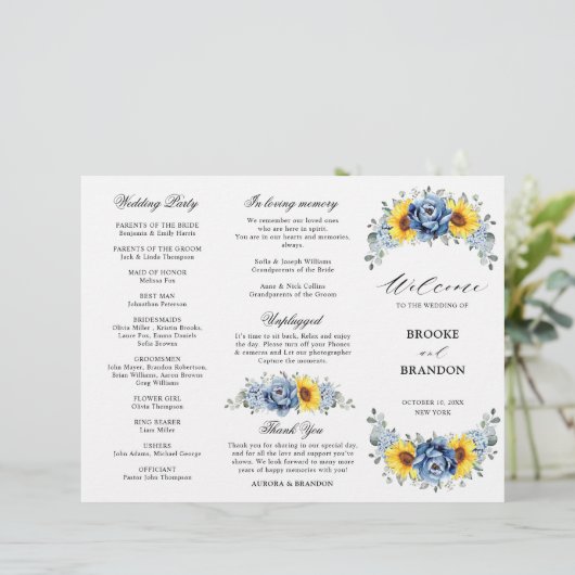 Sunflower Dusty Blue Slate Peony Wedding Programme (Staand voorkant)