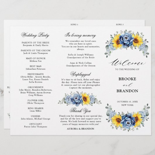 Sunflower Dusty Blue Slate Peony Wedding Programme (Voorkant / Achterkant)