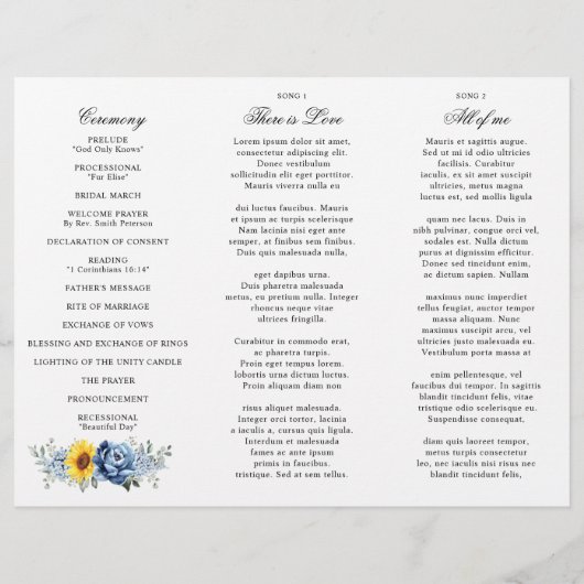 Sunflower Dusty Blue Slate Peony Wedding Programme (Achterkant)