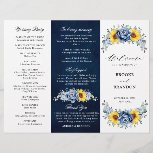 Sunflower Dusty Blue Slate Peony Wedding Programme (Voorkant)