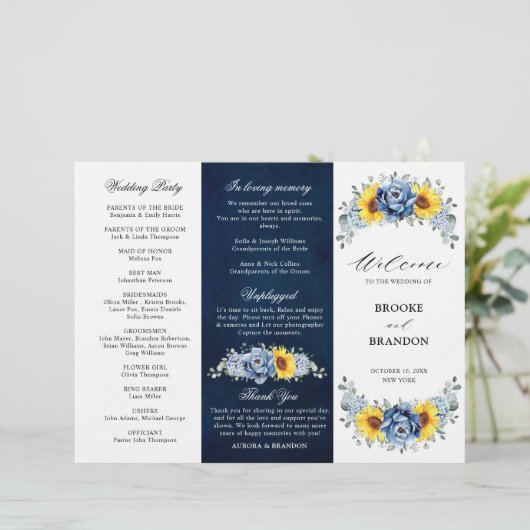Sunflower Dusty Blue Slate Peony Wedding Programme (Staand voorkant)
